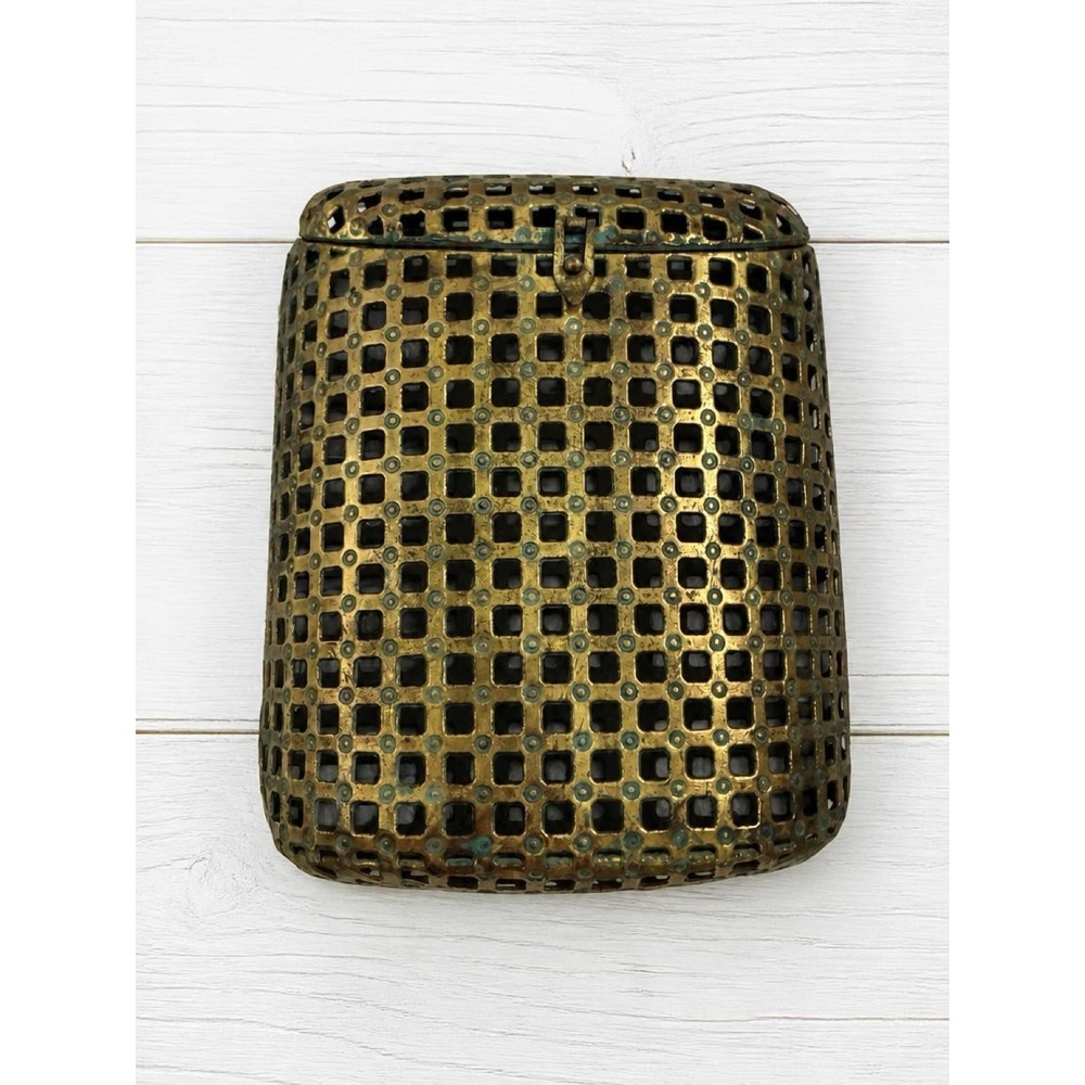 Vintage Mid Century Brass Plated Hanging Mail Pocket Perforated Metal Basket